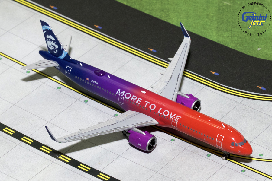 Purple GeminiJets Alaska Airlines A321neo N927VA More to Love 1:400 Scale Diecast Model Airplane